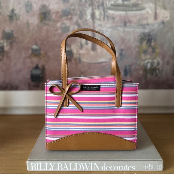kate spade Handbags - Kate Spade Late 90s Pink Striped Tote with Tan Leather Trim - HTF